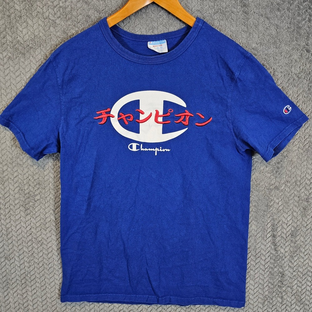 Champion Mens Japanese Katakana Logo Graphic T-Shirt Royal Blue Medium